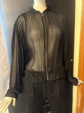 Zara Black Sheer Pleated Zip Hoodie